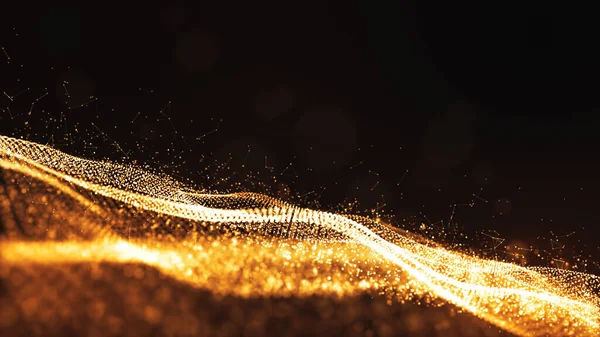 Digitala partiklar guld färg våg flöde abstrakt bakgrund — Stockfoto