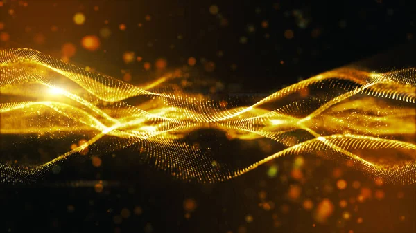 Gold color digital particles wave flow abstract motion technolog ...