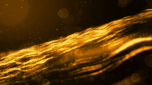 Soyut altın rengi dijital parçacıklar dalga akışı. Teknoloji geri geldi. — Stok fotoğraf