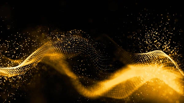 Guld färg digitala partiklar våg flöde abstrakt teknik backg — Stockfoto
