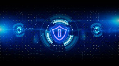 Siber Güvenliğin Hud ve Shield Icon 'u. Devre tahtası veri transferi
