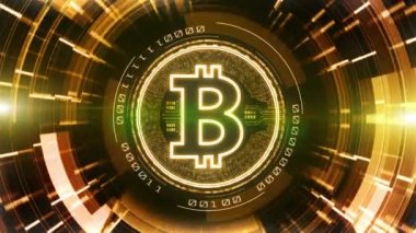 Dijital siber uzayda Bitcoin para birimi işareti. Teknoloji Ağı ve İnternet pazarlaması, Para Takası hareket geçmişi kavramı