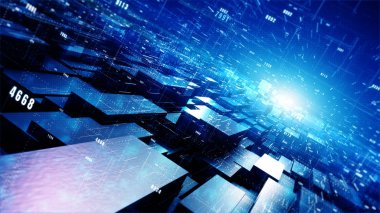 Parçacıkları ve rakamı olan dijital siber uzay geometrik arkaplanı