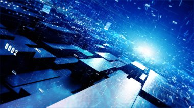 Parçacıkları ve rakamı olan dijital siber uzay geometrik arkaplanı