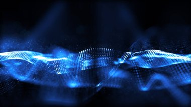 Bokeh soyut arkaplan ile mavi dijital parçacıklar dalga akışı.