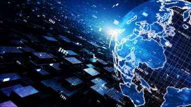 Parçacıklar, dijital veri ağı bağlantıları ve siber güvenlik kavramı ile dijital siber uzay geometrik arkaplanı.