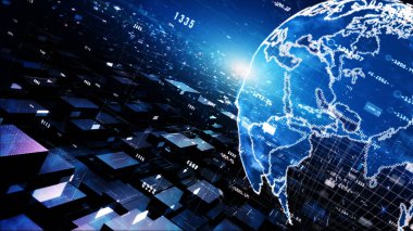 Parçacıklar, dijital veri ağı bağlantıları ve siber güvenlik kavramı ile dijital siber uzay geometrik arkaplanı.