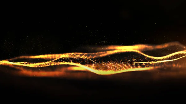 Digital particles wave flow gold color with bokeh abstract motion background concept