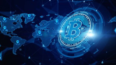 Bitcoin engelleme zinciri şifreleme dijital şifreleme, dijital para değişimi, Teknoloji ağı bağlantıları arka plan kavramı.