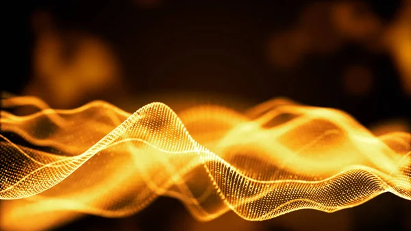 Gold color defocused digital particles wave flow technology digital connections, Digital cyberspace abstract background concept