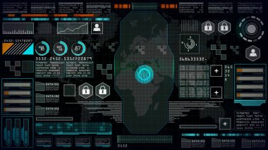 Kullanıcı arayüzü ile parmak izi tarayıcısı baş yukarı ekran, Futuristik arayüz bilgisayar masaüstü ekran, soyut dijital ekran arkaplan.