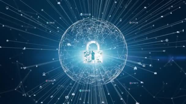 アイコンのロックサイバーセキュリティ デジタルデータネットワーク保護 将来の技術ネットワークの背景概念 — ストック動画