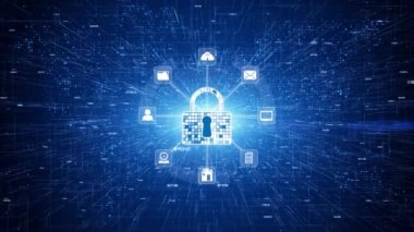 Simge Siber Güvenliğini Kilitle, Dijital Veri Ağı Koruması, Geleceğin Teknoloji Ağı Arkaplan Kavramı.