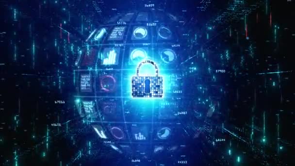 粒子の流れを持つロックアイコンサイバーセキュリティ デジタルデータネットワーク保護 将来の技術ネットワークの背景概念 — ストック動画