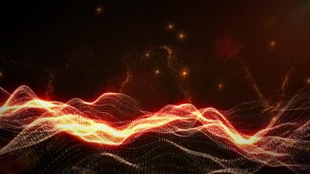 Onde de particules numériques couleur or abstraite avec fond bokeh et lumière 