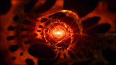 Turuncu renkli soyut teknoloji dijital tünel ve Dijital parçacık akış arkaplanı