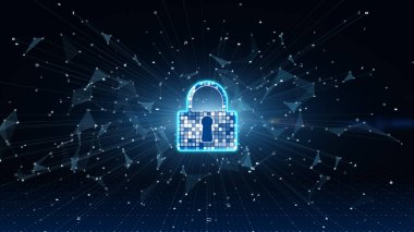 Simgeyi kilitle. Dijital Veri Ağı Korumasının Siber Güvenliği. Yüksek hızlı bağlantı veri analizi. Teknoloji veri ikili kod ağı bağlantı arkaplanı kavramını iletiyor.