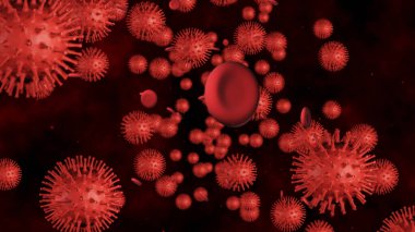 3D render Coronavirus (COVID-19), grip virüsü veya mikroorganizma. Bakteri enfeksiyonunun hızlı çoğalması. Kırmızı renk arkaplanı.
