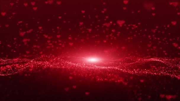 赤いハートの飛行と粒子の流れ 結婚式のためのロマンチックな背景 バレンタインデー 母の日 結婚記念日のグリーティングカード 結婚式の招待状 運動の背景4K — ストック動画