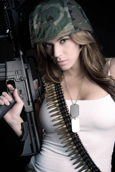 Woman Holding Maching Gun — Stock Photo, Image