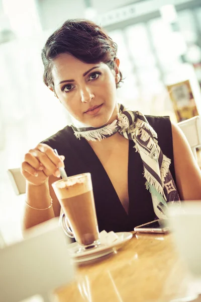 Woman Stirring Coffee Drink — Stock Photo, Image