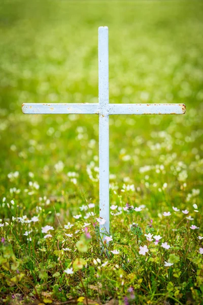 Хрест у поле квітів — стокове фото