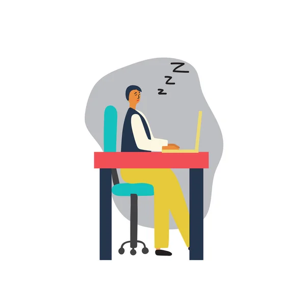 Man sleeps in a chair at a computer at work. Isolated vector illustration. — Stock Vector