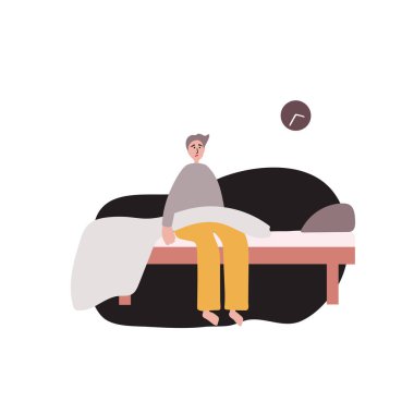 Uykusuzluk. Genç adam uyandı ve uyuyamadı. Beyaz arkaplanda vektör illüstrasyonu.