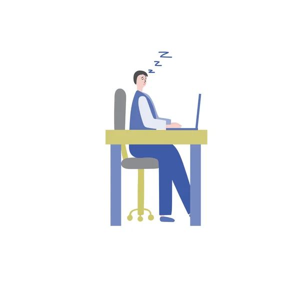 Vector illustration. Man is sleeping at work table over laptop. Fatigue and signs of depression. — Stock Vector