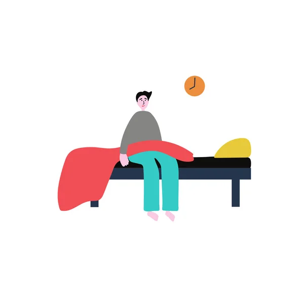 Genç adam sabah neşeli ve iyi bir ruh hali içinde uyandı. Kartpostallar, makaleler, posterler için beyaz arkaplanda vektör illüstrasyonu.