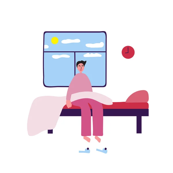 Genç adam sabah neşeli ve iyi bir ruh hali içinde uyandı. Kartpostallar, makaleler, posterler için beyaz arkaplanda vektör illüstrasyonu.