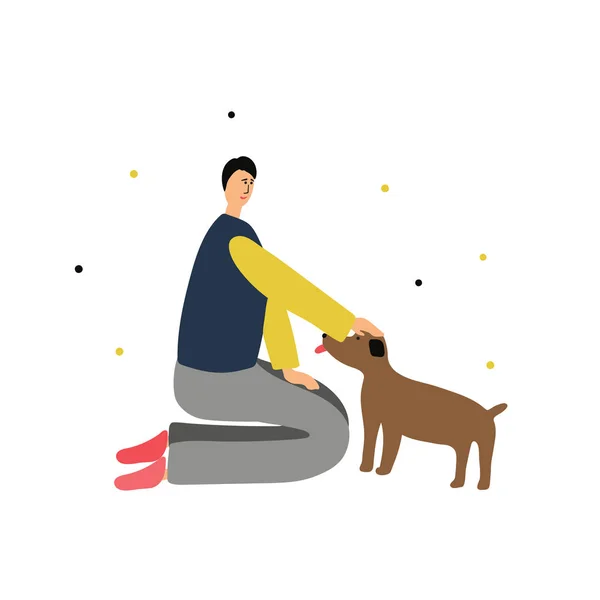 Beyaz arka planda evcil köpeğiyle oynayan bir çocuğun vektör yanılsaması