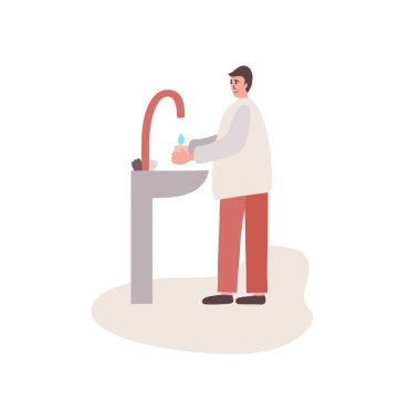 Vector illustration of a man washing his hands with water over the sink and washing his face in the morning.