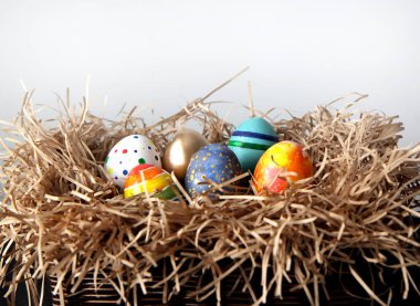 Yuvaya beyaz arka plan üzerinde renkli yumurta.