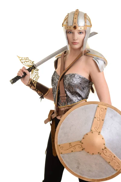 Isolated female warrior with helmet and shield — Stock Photo, Image