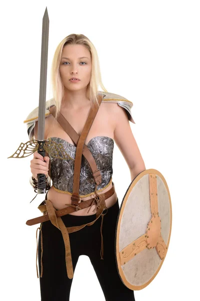 Female warrior with shield and sword — Stock Photo, Image