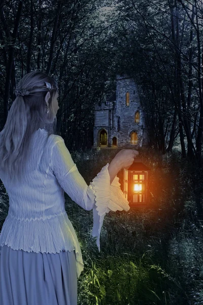 Женщина-эльф в лесу с фонарем — стоковое фото