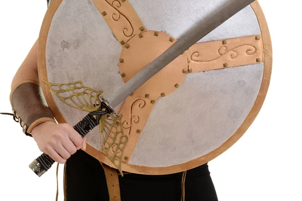 Warrior holding sword and shield — Stock Photo, Image