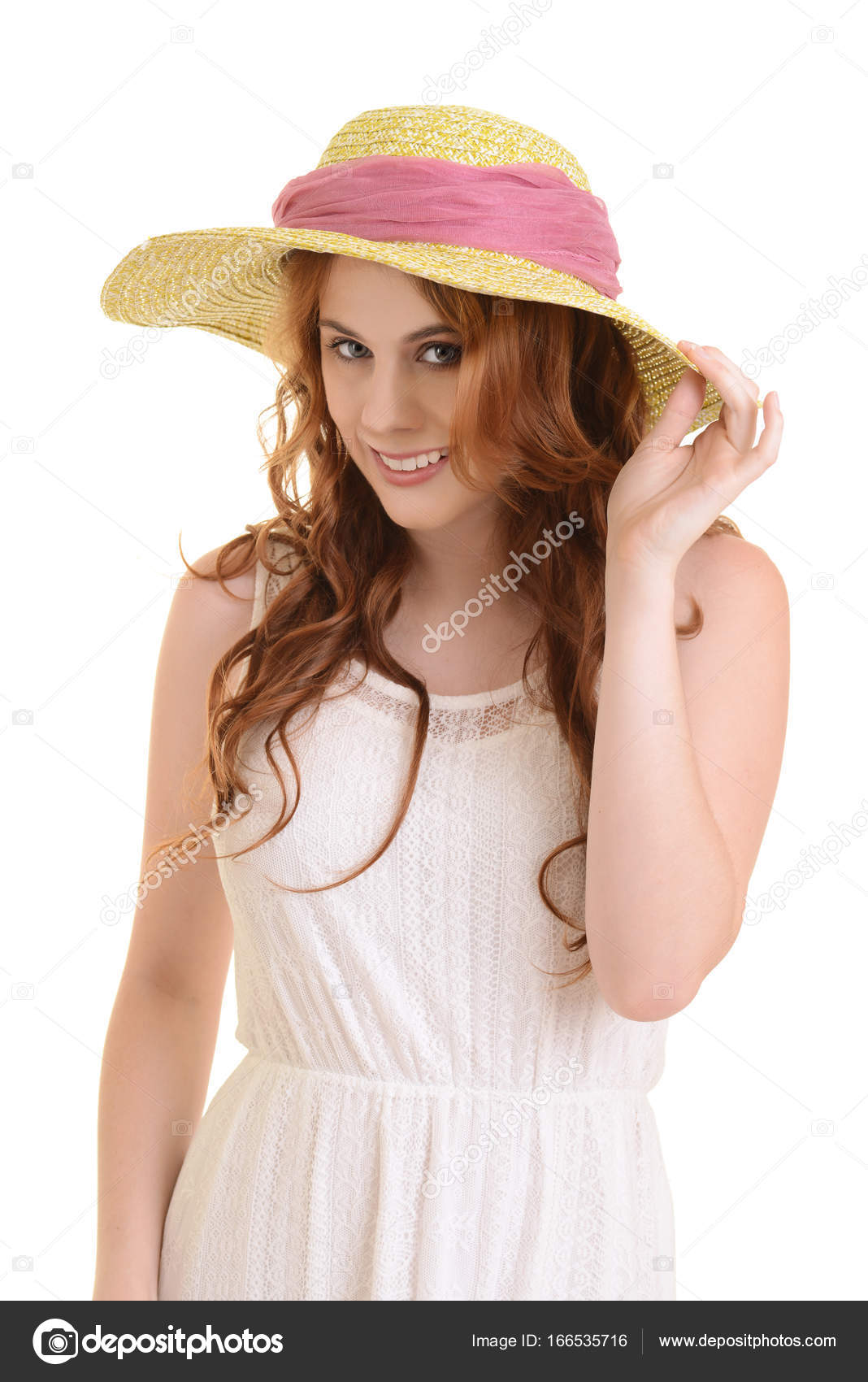 Isolated woman holding straw hat — Stock Photo © mcgphoto 166535716