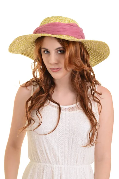 Isolated vintage woman with straw hat — Stock Photo, Image