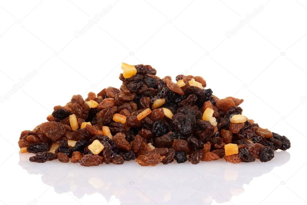 pile of raisins currants and sultanas with mixed candied peel
