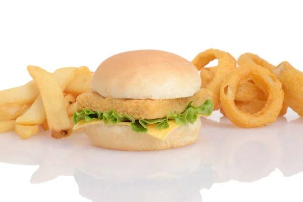 Fish Sandwich French Fries Onion Rings — Stock Photo, Image