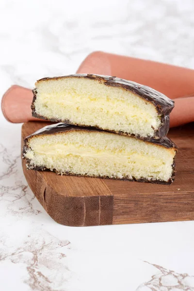 Slices Custard Cream Filled Chocolate Sponge Cake — Stock Photo, Image