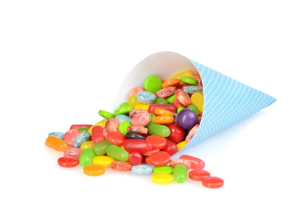 Spilled Mix Candy Blue Paper Cone — Stock Photo, Image