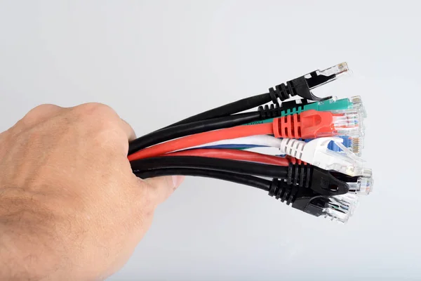 Tenencia Manual Cables Red Ethernet Conectores —  Fotos de Stock
