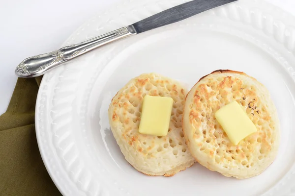 Κορυφαία Προβολή Αγγλικά Crumpets Βούτυρο — Φωτογραφία Αρχείου