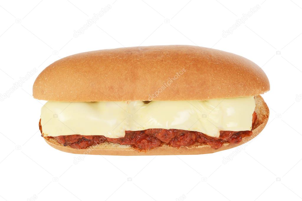  top view meatball sub sandwich with tomato sauce