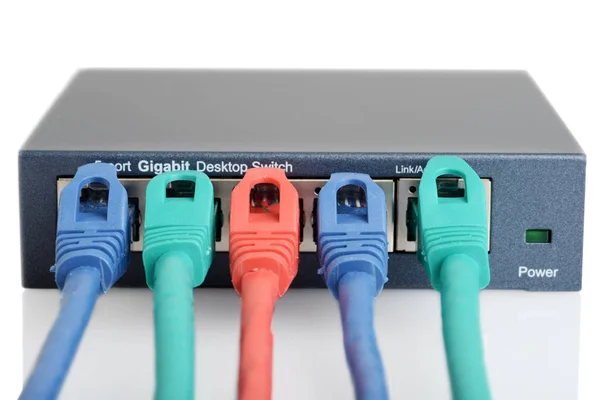 Primer Plano Interruptor Red Ethernet Puertos Con Cables —  Fotos de Stock