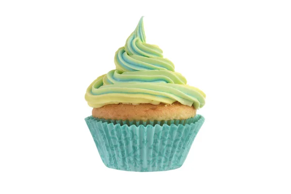 Closeup Isolated Yellow Blue Swirl Cupcake — Stock Photo, Image