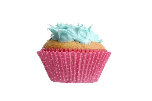 Cupcake Isolado Com Geada Azul Copo Papel Manchado Rosa — Fotografia de Stock